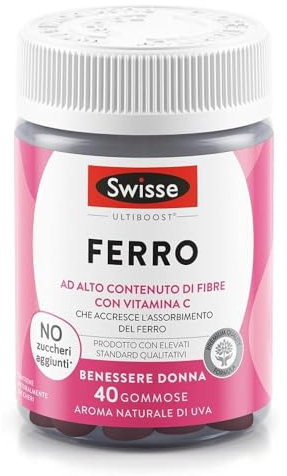 SWISSE Ultiboost - Ferro Integratore per Supporto Formazione di Globuli Rossi e Emoglobina e Riduzione Stanchezza, Integratori con Vitamina C per Accrescere Assorbimento Ferro, 40 Gommose, Gusto Uva