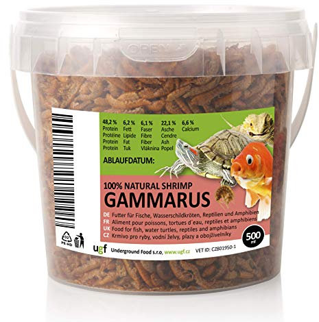UGF - Premium Gammarus Bachflohkrebse Getrocknet, 50g im 500 Milliliter Eimer, Schildkrötenfutter, Fischfutter Aquarium, Axolotl Futter, Hamsterfutter, Igelfutter, Koi Futter, Rattenfutter
