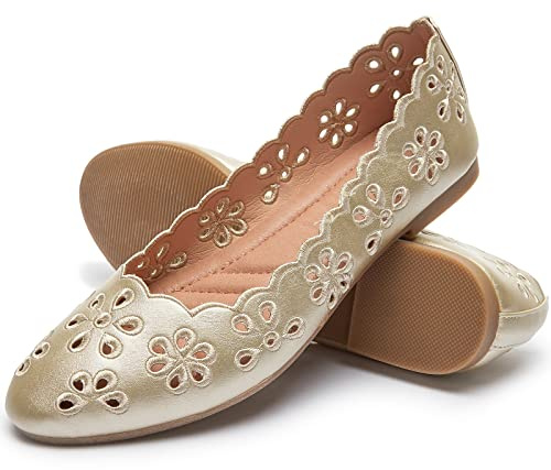 FRACORA Damen-Ballerinas, schwarz, PU-Leder, Elegante Schuhe, Bequeme runde Zehenpartie, Schlupfschuhe mit atmungsaktiven Ösen, Gold, 9