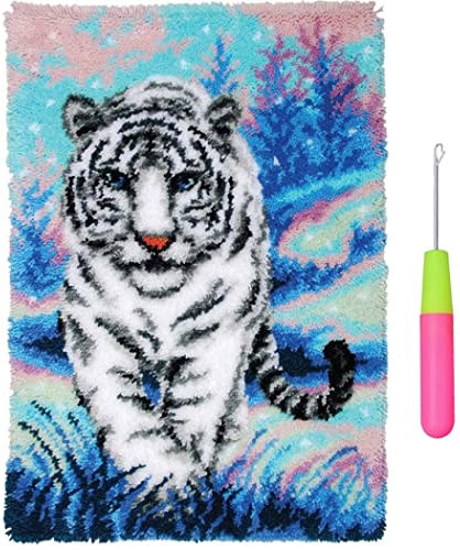 GUARDUU Knüpfen Knüpfteppich Mit Farbig Bedruckter Leinwand, DIY-Häkelgarn-Kits Mit Vorgeschnittenen Garnen, Unvollendet Knüpfkissen Kits Für Die Fußmatte Zu Hause, Tiger,52x38cm/ 20.5x15.0