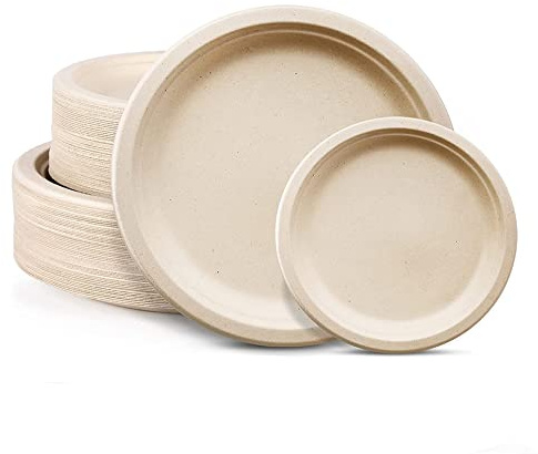 JINYUDOME Lot de 100 assiettes en carton compostables, assiettes en bagasse, 50 plaques de 7 pouces et 50 plaques de 9 pouces