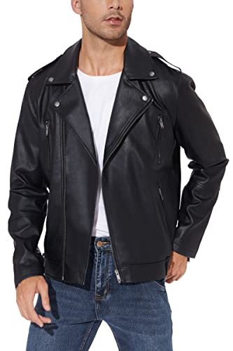 Fahsyee Lederjacke Herren, Kunstleder Bomber Motorrad, Schwarz | Pu Revers, Zip-Up, Slim Fit, Biker Mantel