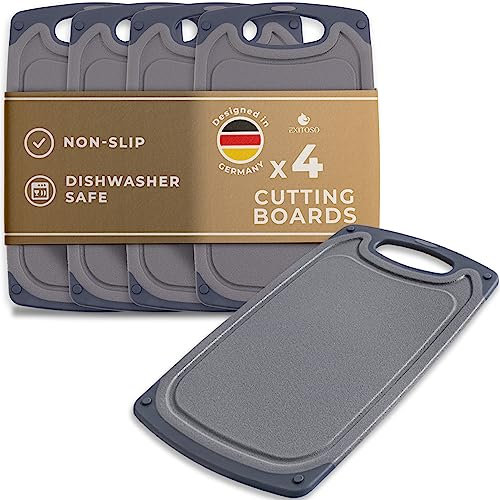 Exitoso Juego de 4 tablas de desayuno, con surcos para zumos, aptas para lavavajillas, color gris, tabla de cortar, plástico, antideslizante, sin BPA, juego de tablas de desayuno