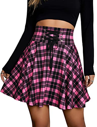 KOJOOIN Damkjol, rutig, miniveckad kjol, gotisk klänning, hög midja, cosplay-klänning, A-linje för snörning (återanvändbar förpackning), ROSA, L