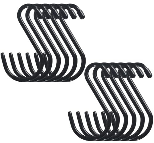 Cozihom Lot de 12 crochets en S robustes revêtus de vinyle de 15,2 cm, crochets en S revêtus de caoutchouc noir, cintres en S en métal antidérapant pour placard, jardin, garage, cuisine, suspension