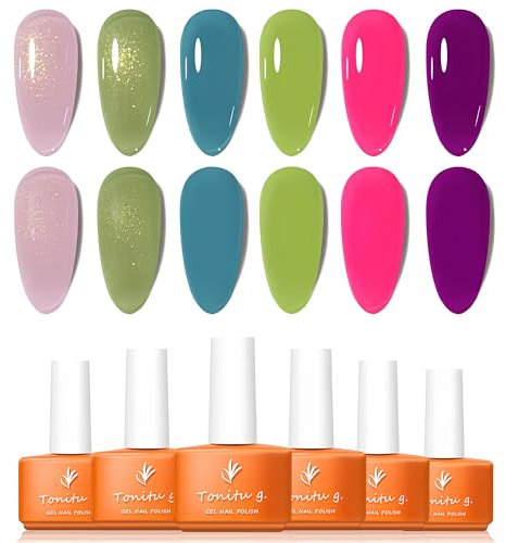 Tonitu G Gel Nail Polish Set 6 Colors Gel Polish Kit, Pastel Olive Green Teal Lime Green Neon Pink Purple Nail Art Design Soak Off LED at Manicure DIY Home Salon Gifts for Women Girls
