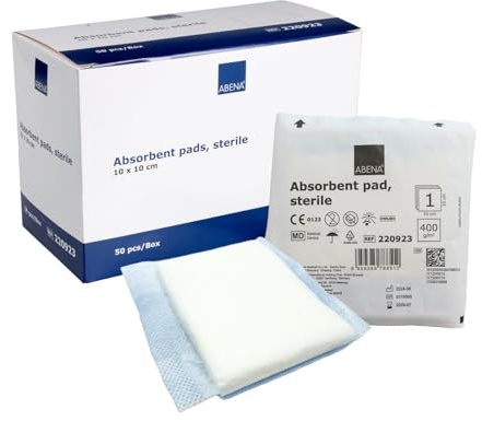 ABENA Saugkompressen 10x10cm, 50 Stück, weiß, steril, hochabsorbierende Saugverbände, Saugfähige Pad, Saugkissen, latexfrei, mit wasserabweisender Rückseite