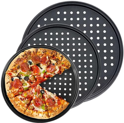 Handook Pizza Pan Set, Carbon Steel Pizza Pan with Holes, for Oven Baking Supplies & Home, Kitchen, Restaurant（9 Inch &10 Inch &12 Inch）