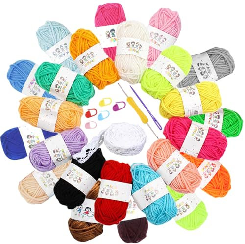 DKDDSSS 24pcs Häkelgarn, Acrylwolle Set, 10g Baumwollgarn, Baumwolle Wolle mit Häkelnadeln, Hand Knitting Yarn Set, Stricken für Anfänger Set für Häkeln Stricken und Handwerk