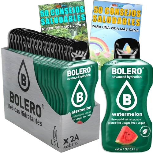 Lote Bebida Bolero (24 x 9 Gr) Sabor SANDÍA Hidratante con Vitamina C, Sin Azúcar + Tarjeta con 100 Consejos Saludables y Vida Sana x WikiMark (24 Sobres + Tarjeta 100 Consejos, SANDÍA (WATERMELON))