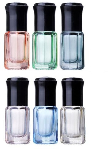 6 botellas de vidrio transparente vacías recargables de 3 ml con tapa negra, multicolor, mini botellas de aceite esencial, frascos enrollables, frascos de viaje para perfume con bola de acero (color