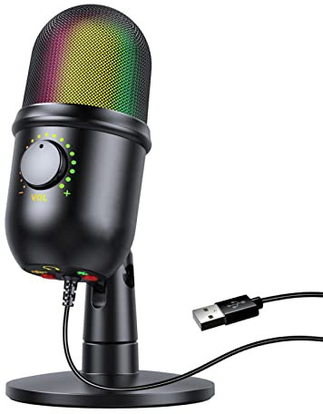 USB Condenser Microphone with RGB Cool Lighting Effects, Cardioid Condenser Microphone, USB Plug-and-Play, Real-time Monitoring for Live Streaming, Online Game, Singing