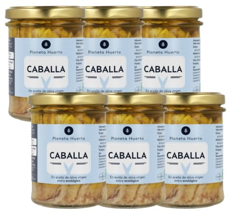 PLANETA HUERTO | Pack 6x Caballa en Aceite de Oliva Virgen Extra 190 g, Conserva Ecológica Artesanal - Caballa en Conserva Rica en Omega‑3 DHA, Fuente de Proteína Natural y Sabor Mediterráneo