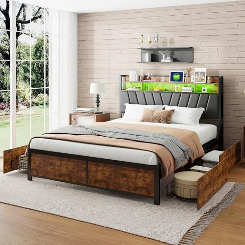 Callicarpa Metallbett 160x200 cm mit 2 Schubladen Stauraum, Polsterbettmit USB-Buchse & LED-Kopfteil, Doppelbett Bettgestell aus Metall mit Lattenrost, Vintage Braun Schwarz