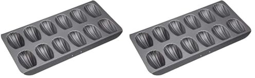 Master Class Vassoio per madeleine con antiaderente PTFE, PFOA e BPA, robusto acciaio al carbonio spesso 1 mm, stampo per torte a 12 fori, 40x 20 cm, grigio (Confezione da 2)