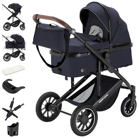 Daliya® FLEXI-PRO M 2in1 Kombikinderwagen & Buggy – XXL-Set, Reise-Kinderwagen mit Einhand-Abnahme, Wetterschutz, Sportsitz, Wickeltasche, Spieltisch, Regenschutz, dicke Matratze (Blau-Grau)