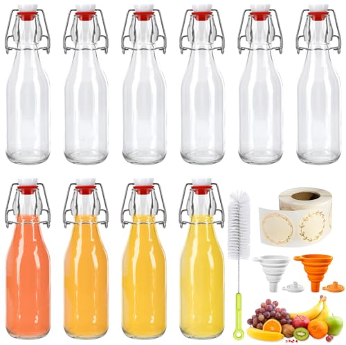 KIMIGO 10 Stück Glasflaschen 250ml mit Bügelverschluss,Glasflaschen zum Befüllen inkl Etiketten und Trichter,Bügelflaschen Zum Befüllen für Sirupe,Getränke,Speiseöle,Aromatisierte Essige