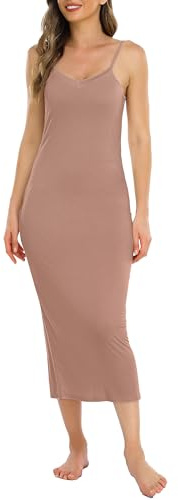 Vlazom Dam hel underklänning sexig mjuk klänning för underklänning spagettirem Cami Slip Chemise V-hals Negligé S-3XL, Kaffe, M