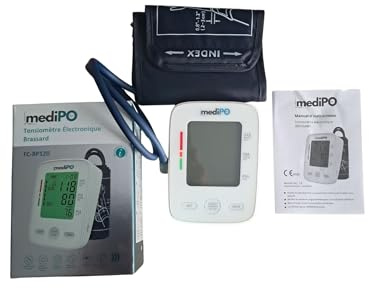 MediPO Tensiomètre Électronique de Bras FC-BP120, VOCAL, Écran LCD Rétro-éclairé, Brassard 42 cm, 2 Utilisateurs, Mémoire avec Moyenne des 3 Dernières Mesures. Annonce à haute voix les résultats