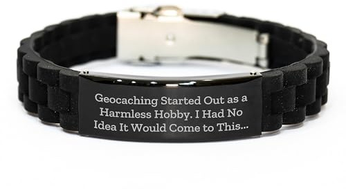 Geocaching Gifts for Men - Funny Quote Glide lock Clasp Bracelet, Adjustable Black Stainless Steel and Silicone, Gifts from Friends for Graduation, Unique Geocaching Accessories