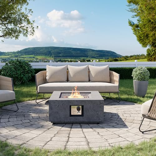 Cosiest Propangas-Feuerstelle für den Außenbereich, 71,1 cm, quadratische Gas-Feuerstellen für den Außenbereich, Terrasse, Zertifiziert, 50.000 BTU Betonsockel mit Regenschutz, kostenlose Lavasteine