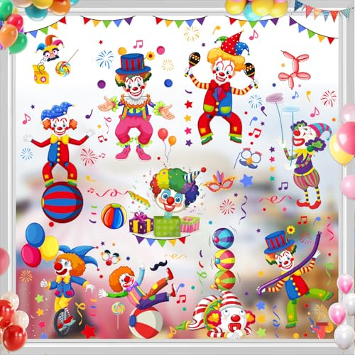 Shinybox Karneval Selbstklebend Clown Fenster, 9 Blatt Fensterbilder Karneval Selbstklebend, Wiederverwendbare Geburtstagsparty Clown Deko Fensterbilder Aufkleber Party Dek(A)