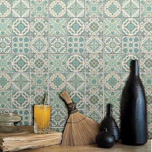 CONCHLERY 36 Pcs 9 Style Turquoise Tile Stickers Gold Flowers Peel and Stick Wall Tile Stickers Waterproof Self Adhesive Retro Flowers Stick on Tiles Decals for Kitchen Bathroom, 4×4 Inch