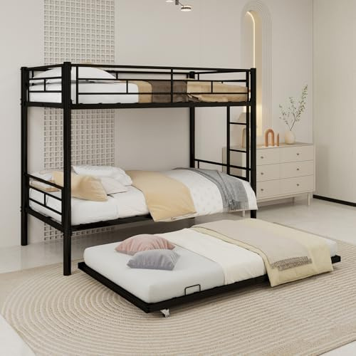 QSOST Lit Superposé Enfant avec Lit gigogne, Lit Enfant avec Échelle et Barrière de Sécurité, Convertible en 3 lit Simple - Structure Robuste, Pas Besoin de Sommier, pour garçon et Fille (Noir)