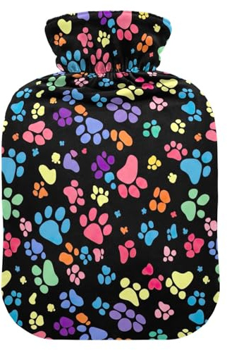 Bolsa de agua caliente con cubierta suave, calentador de pies y manos, coloridas, lindas huellas de patas, bolsa de agua caliente para compresas frías y calientes, pequeña