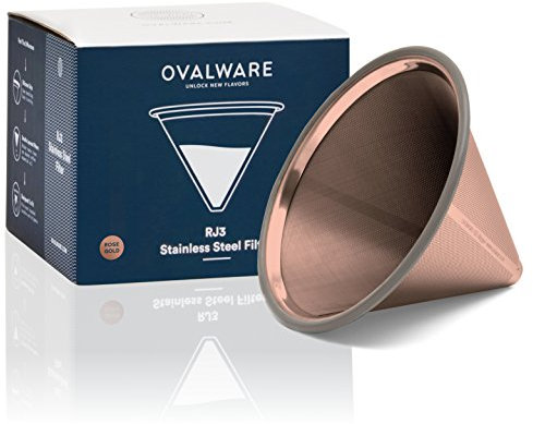 Paperless Stainless Steel Pour Over Coffee Filter – Reusable and Permanent Coffee Cone Dripper Four Ovalware, Chemex and Other Carafes (Titanium Rose Gold)