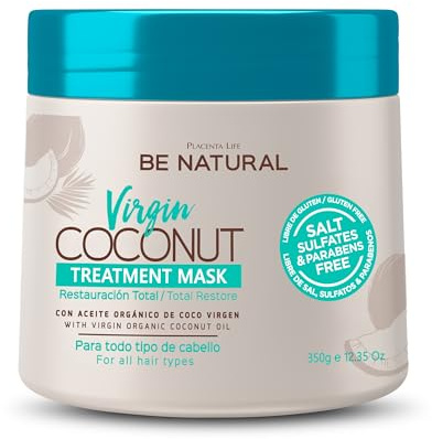 PLACENTA LIFE - Mascarilla Hidratación y Reparación Ultra Profunda | Aceite Orgánico de Coco Virgen | Libre de Sal, Sulfatos, Parabenos y Gluten | Apto Todo Tipo de Cabello, Multicolor, 350 g