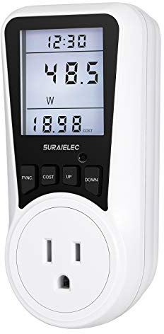 SURAIELEC Watt Meter, Plug-in Socket Power Meter, Auto Cost Calculator, Backlit Large Display, Overload Protection, Kilowatt Wattage Voltage AMP Tester, Electricity Usage Electrical Energy Monitor