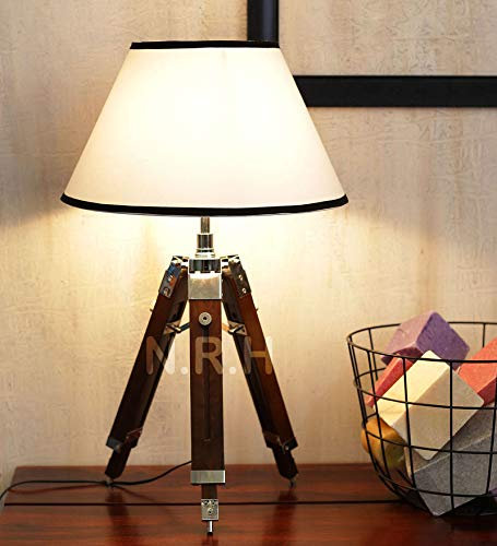 Nautical Replica Hub Lámpara de trípode ajustable, artículo decorativo, base de lámpara de mesa de madera (sin sombra)