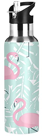 Mnsruu Bouteille d'eau isotherme en acier inoxydable avec paille - Motif feuilles de palmier et flamant rose - 590 ml - Cadeau de Noël ou d'anniversaire - Pour garçons et filles