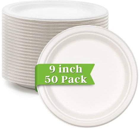 Ask Packaging Strong Paper Plates (9 Inch / 50-Pack) 100% Compostable Heavy-Duty Eco-Friendly Disposable Bagasse Plates, Made of Natural Sugarcane Fibers – 9 Biodegradable Paper Plate