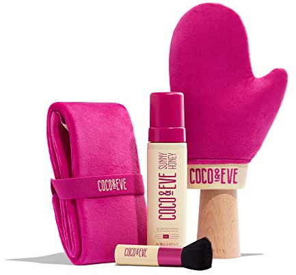 Coco & Eve Bali Bae Selbstbräuner-Set (Dunkel). Natürliches Bräunungs-Mousse. Sofort-Selbstbräunungslotion mit Bronzer, Handschuh- & Back-Applikator für makelloses Auftragen und Bräunen