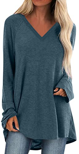 Minetom Oversized T-Shirt Damen Langarm Locker Sommer Longshirt Oberteile Sommer Lang Tee Shirt Tunika Casual Langarmshirt Lässig Basic Bluse Einfarbig Sweatshirt Für Frauen D Blau XXL