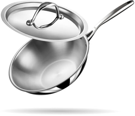 Stahl Artisan Triply Edelstahl-Wok mit Deckel, tiefe Bratpfanne, Induktionsboden, Brat-Wok, Induktions- und Gasherd kompatibel, 2,4 l, 24 cm