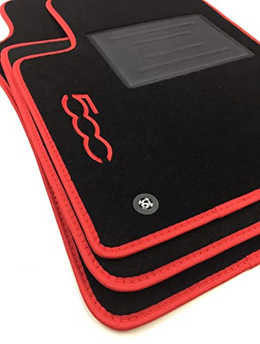 ASC Tappetini Auto Compatibili con Fiat 500 3 Porte 2012-2022, NO HYBRID-ELETTRICA,Moquette, 1 Logo Ricamato, Bordo Rosso, Bottoni e Battitacco
