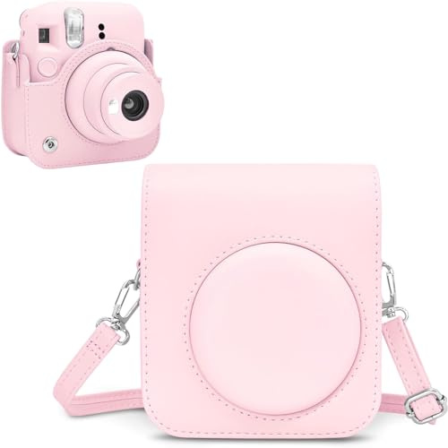 Rieibi Fuji Instax Mini 12 Camera Case - PU Leather Case for Fujifilm Instax Mini 12 Instant Camera - Detachable Pouch with Adjustable Shoulder Strap, pink, 10.5 x 6.5 x 2.1 cm, Snap closure