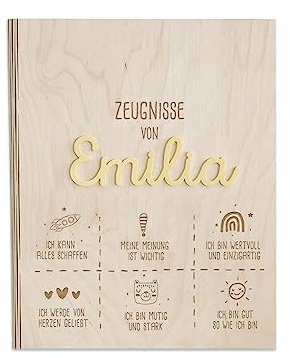Personalisierte Zeugnismappe aus Birkenholz mit Acryl Namen - Individuelles Geschenk zur Einschulung - DIN A4 - Zeugnisringbuch Mädchen & Jungen - hellomini (Affirmation gelb)
