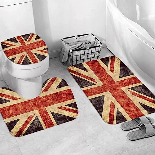 EKSED Badteppich 3 Stück Weiche saugfähige Badematten,Das Vereinigte Königreich oder Union Jack Grunge Flag,rutschfeste Badematte Teppiche & Toilettendeckelabdeckung Set Waschbar