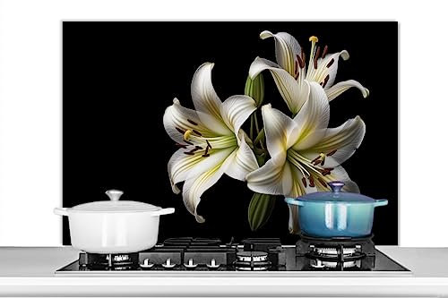 KitchenYeah© Küchenrückwand Platte Spritzschutz Küche Deko Aluminium Platte Spritzschutz Herd Alternative für Selbstklebende FolieLilie - Blumen - Weiß - Natur - Botanik - 100x65 cm