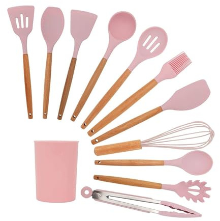 Kitchen Utensil Set, 12 Piece Silicone Cooking Utensils Heat Resistant Kitchen Tools, Non-Stick Baking Cooking Spoon Tools(Pink)