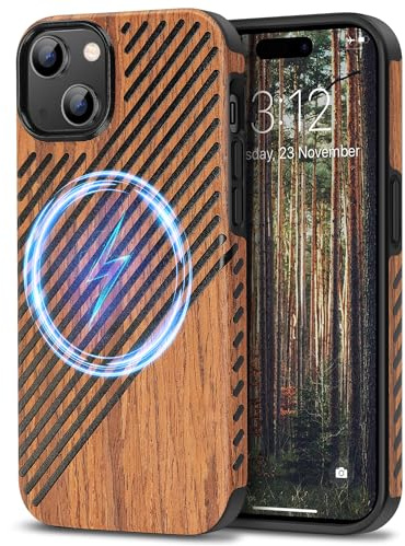 TENDLIN Coque Magnétique Compatible avec iPhone 15 Plus Etui en Bois et Cuir Compatible avec MagSafe (Bois & Cuir)