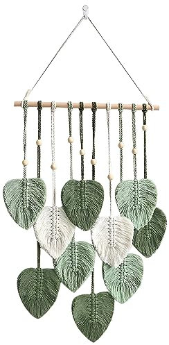 Nexoria Makramee Wandbehang, Makramee Wandteppich Mit Holzperlen Blätter Wandteppich Makramee Boho Deko Böhmische Tapisserie Wandteppich Gewebte Wandbehang Blatt Feder Wanddeko (A-Beige)