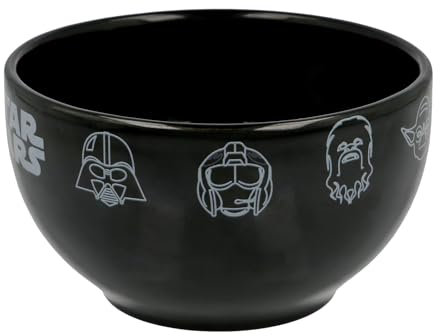 Elbenwald Cuenco para Desayuno de Star Wars - Cuenco de Cereales con Iconos de Chewbacca R2-D2 Yoda Darth Vader - 600 ml - 8 cm de Altura - Ø 13 cm - Cerámica - Negro