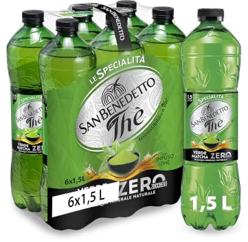 San Benedetto, Thè Verde Matcha Freddo Zero, 6x1,5 L Bevanda Dissetante Analcolica, Gusto Fruttato, Tappo Click, Senza Zuccheri, Conservanti e Coloranti