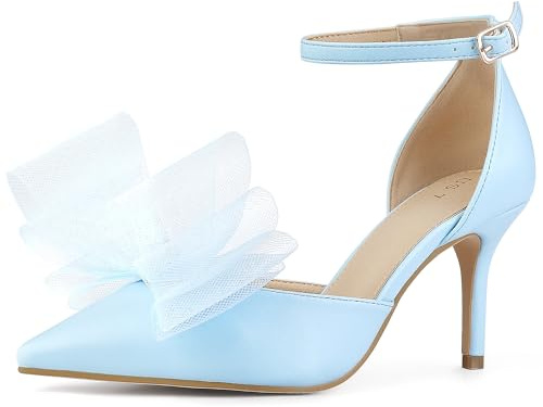 Allegra K Women Pointed Toe Stiletto High Heels Bow Tie Ankle Strap Pumps | Satin vamp with adjustable buckle closure. 3 3/8 inch heel height. ABS heel for stability. Everyday style.
