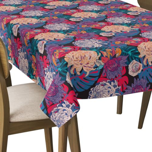 HEKO PANELS Nappe De Table Anti Tache 140 x 350 cm Lavable Imperméable Polyester Salle À Manger Jardin Pivoines Roses Monstera